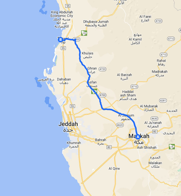 Google Map image of Makkah to Thuwal.